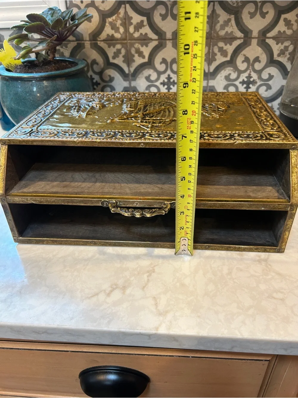 ANTIQUE VINTAGE EMBOSSED BRASS & WOOD CONTAINER-SHIP DESIGN-1920s